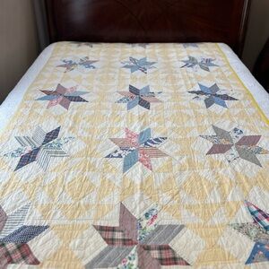90”x50” Vintage from 1940’s  Eight Point Star Hand Stitched Cotton Quilt.